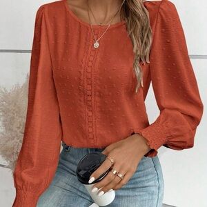 Rust/Orange/White Textured Guipure Lace Insert Blouse.
NWOT
Size medium (6)